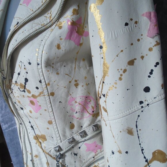 White Moto Jacket Celestial Pink Stars, Vegan Leather, Studs, Wearable Art - Picture 5 of 16